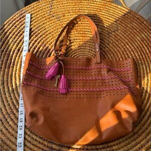 Fossils cowhide Brown Leather Tote Bag with Pink Accents